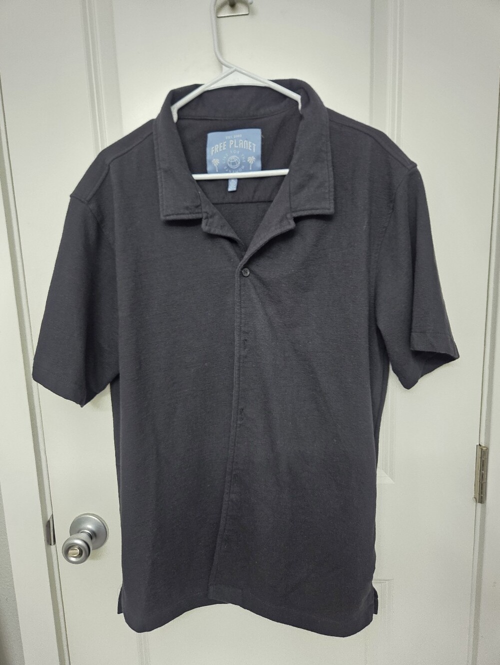 Free Planet Men's Black Short-Sleeve Polo with Camp Collar